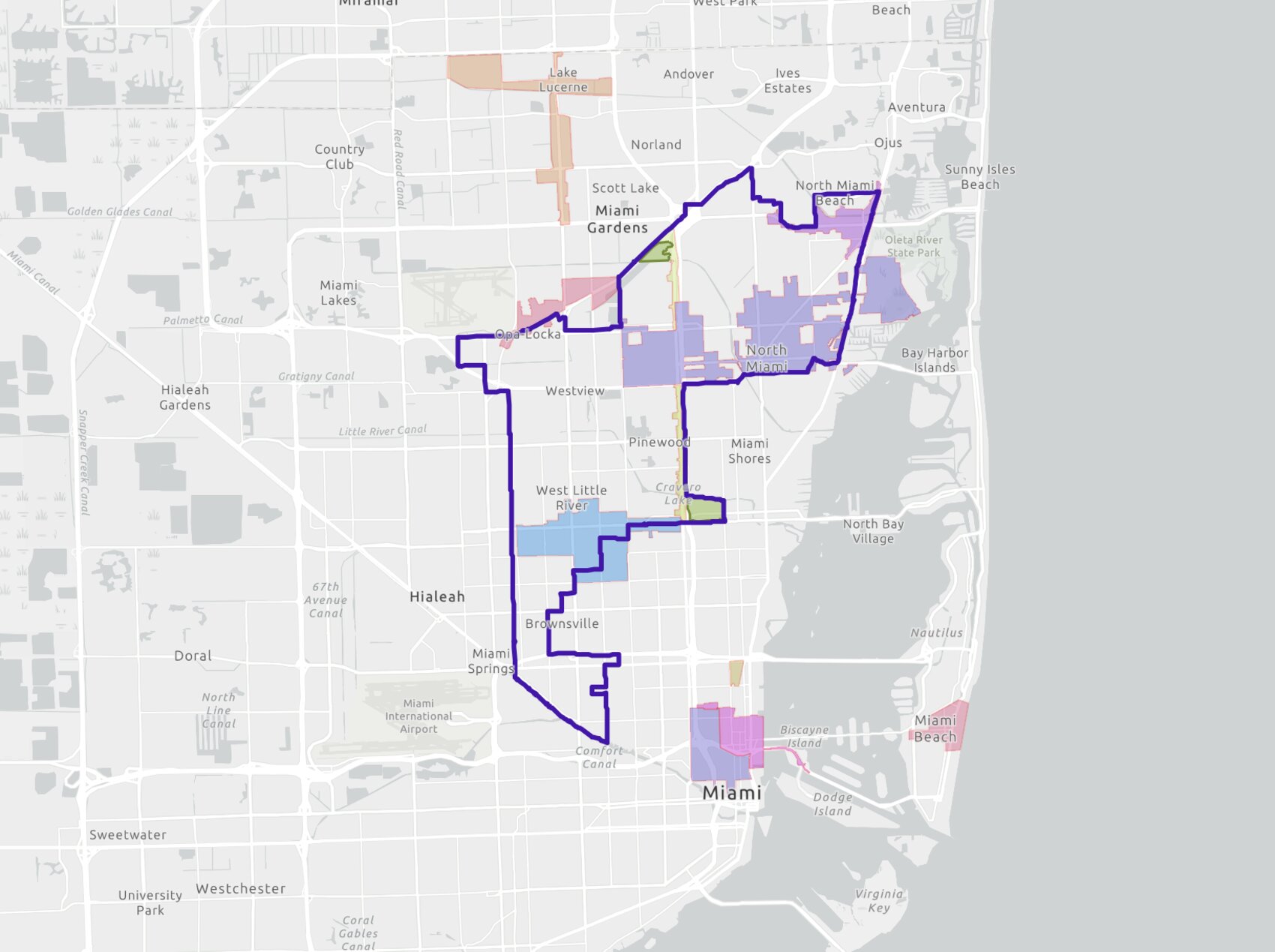 Miami-Dade Commission District 2 across north Miami-Dade, with the district's four CRAs overlaid. BusinessFlare®.